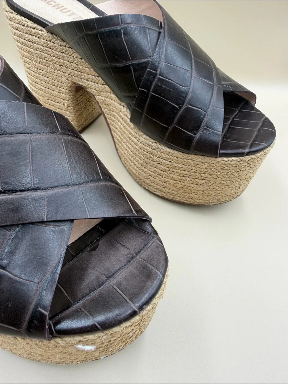 Schutz Brown Croc Embossed Platform Mule Sandals Size 9B